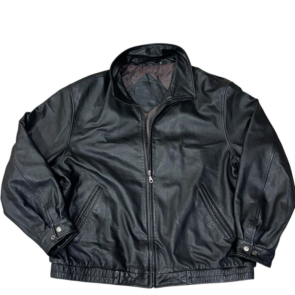 Vintage Y2K Real Leather Black Bomber Jacket Zip Men's XL Roundtree & Yorke